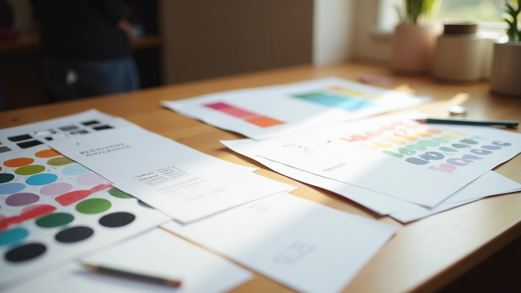 Espaço de trabalho de designer com amostras de cores e ferramentas de design organizadas numa mesa profissional